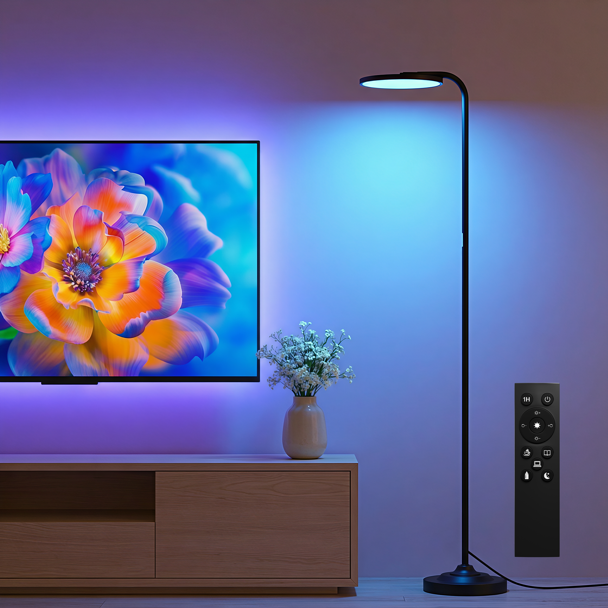 BedLuxury 36W Bright LED RGB Standing Lamp with Remote, Stepless Dimming Color Changing Floor Lamps with 350°Rotating Light for Living Room, Bedroom, Black.