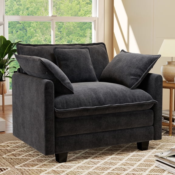 BedLuxury 41.8” Oversized Accent Chair, Chenille Cloud Armchair for Living Room, Black