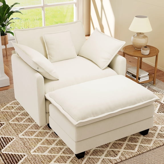 BedLuxury 41.8” Oversized Accent Chair with Movable Ottoman, Chenille Cloud Armchair for Living Room, Beige