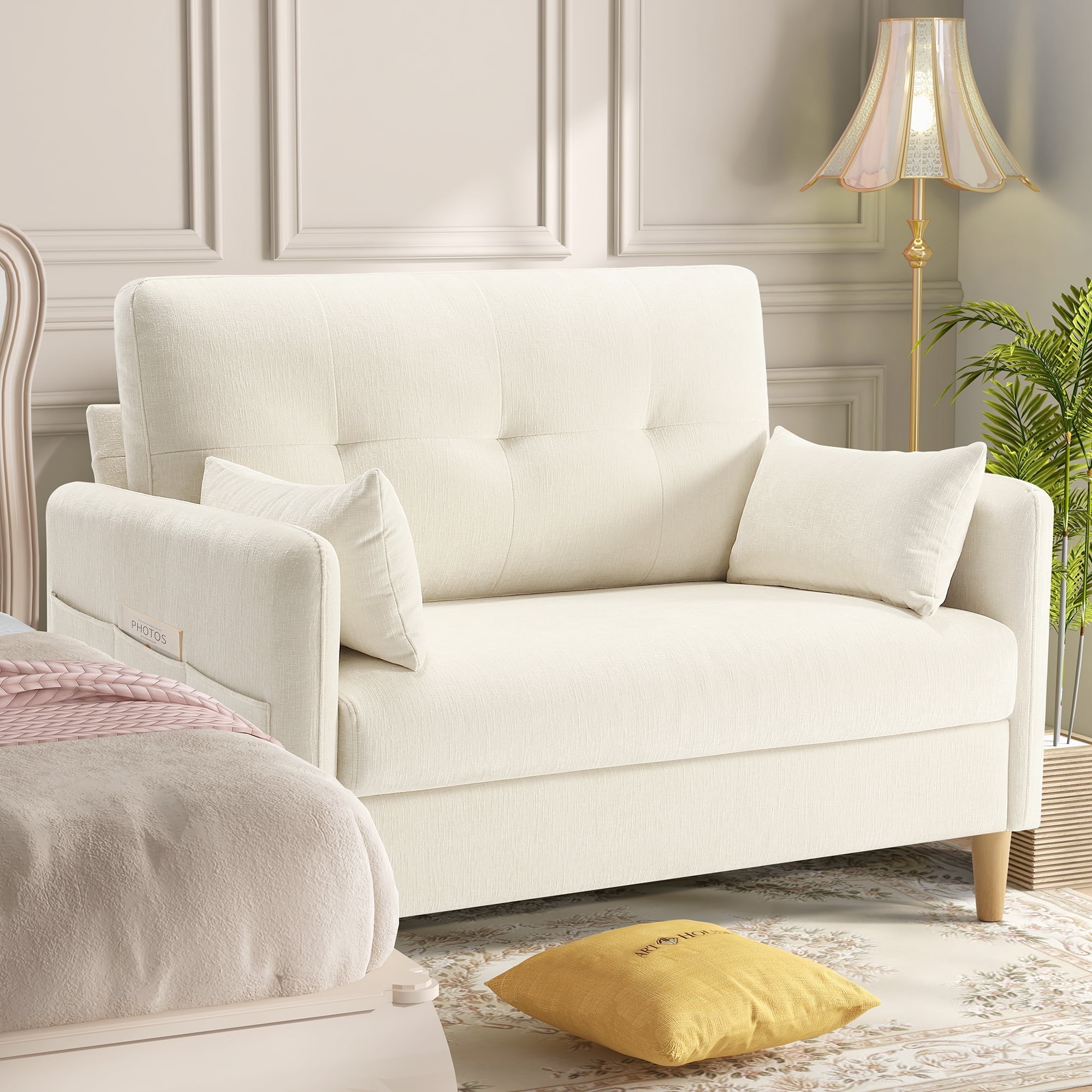BedLuxury 47'' Wide LoveSeat, 2-seat Chenille sofa with 2 Pillows for Living Room and Small Spaces, Beige
