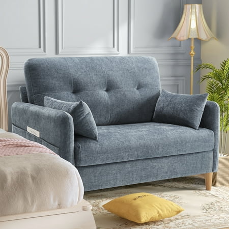 BedLuxury 47'' Wide LoveSeat, 2-seat Chenille sofa with 2 Pillows for Living Room and Small Spaces, Blue