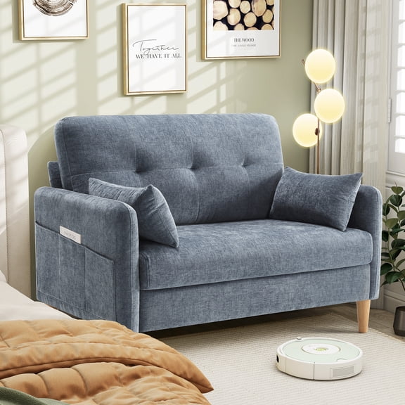 BedLuxury 47'' Wide LoveSeat, 2-seat Chenille sofa with 2 Pillows for Living Room and Small Spaces, Blue