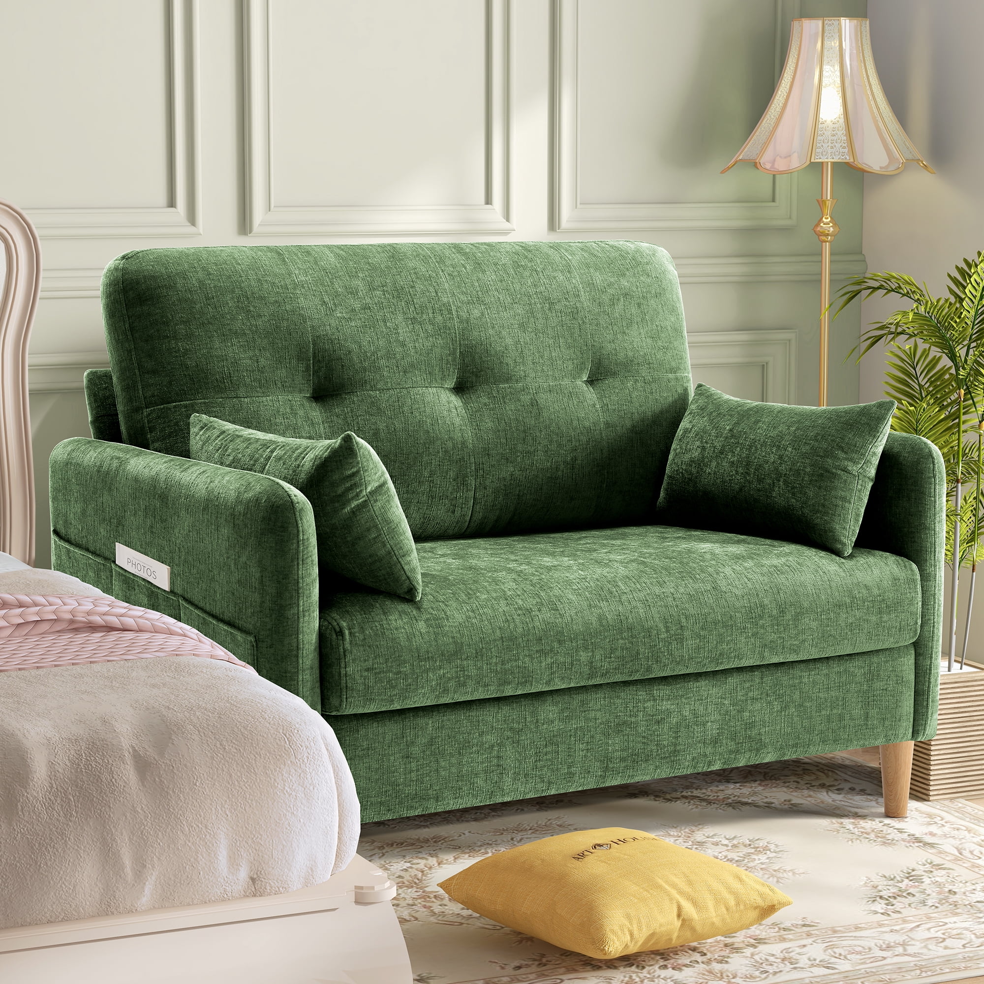 BedLuxury 47’’ Wide LoveSeat,2-seat Chenille sofa with 2 Pillows for Living Room and Small Spaces,Green