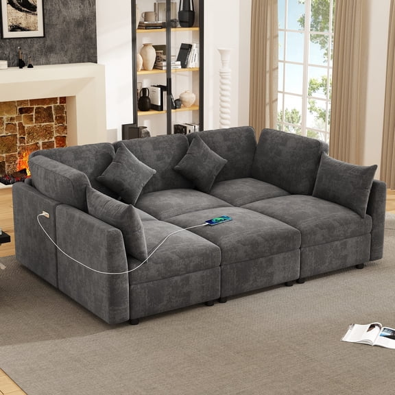 BedLuxury 5 Seater Reversible Modular Sectional Sofa,Convertible Sleeper Couch Bed, Upholstered Corner Sofa with a Movable Ottoman and USB Ports for Living Room, Black