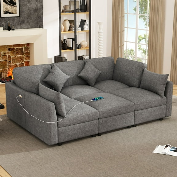 BedLuxury 5 Seater Reversible Modular Sectional Sofa,Convertible Sleeper Couch Bed, Upholstered Corner Sofa with a Movable Ottoman and USB Ports for Living Room, Grey