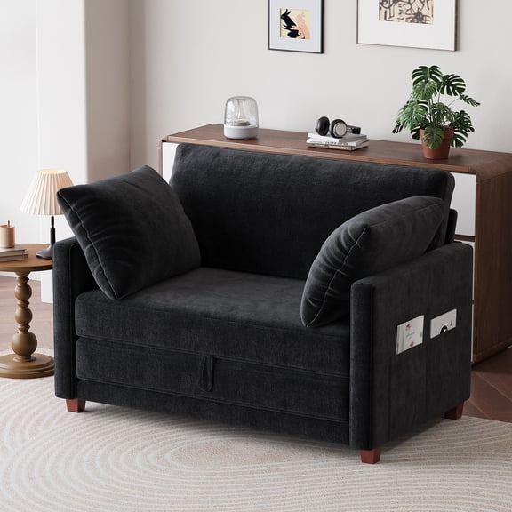 BedLuxury 51" Foldable Loveseat with Storage Pocket, Futon Sofa Bed，Mordern Sleeper Couch for Small Space,Black