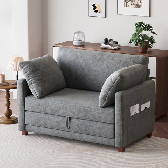 BedLuxury 51" Foldable Loveseat with Storage Pocket, Futon Sofa Bed，Mordern Sleeper Couch for Small Space,Gray