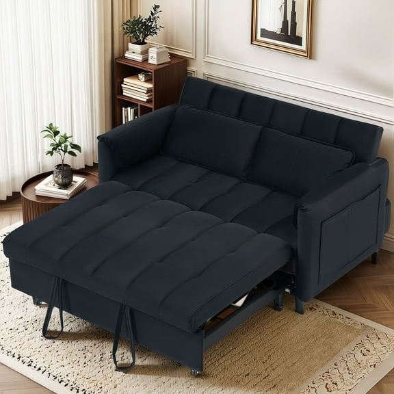 BedLuxury 53" Velvet Convertible Futon Sofa Bed, 3-in-1 Loveseat Sleeper Sofa with Pull Out Bed & Adjustable Backrest for Living Room or Office, Black