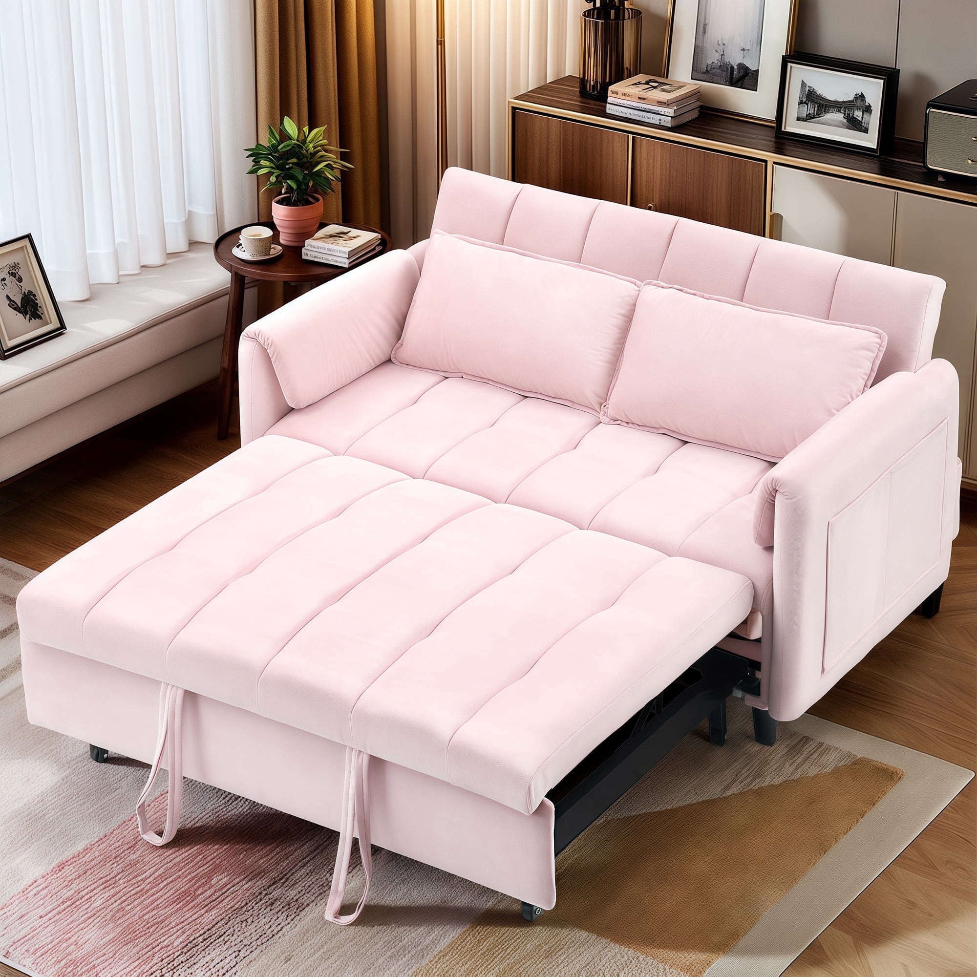 BedLuxury 53" Velvet Convertible Futon Sofa Bed, 3-in-1 Loveseat Sleeper Sofa with Pull Out Bed & Adjustable Backrest for Living Room or Office, Pink