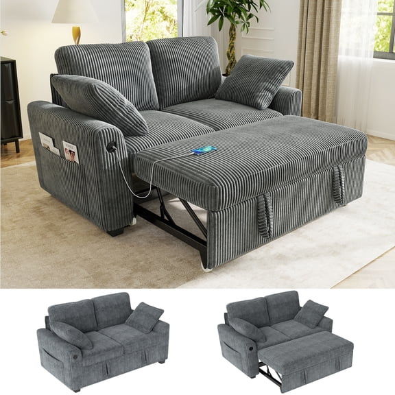 BedLuxury 59" Loveseat With Pull Out Bed, Sleeper Sofa Bed With USB Charging & Side Storage for Small Spaces, Corduroy Gray