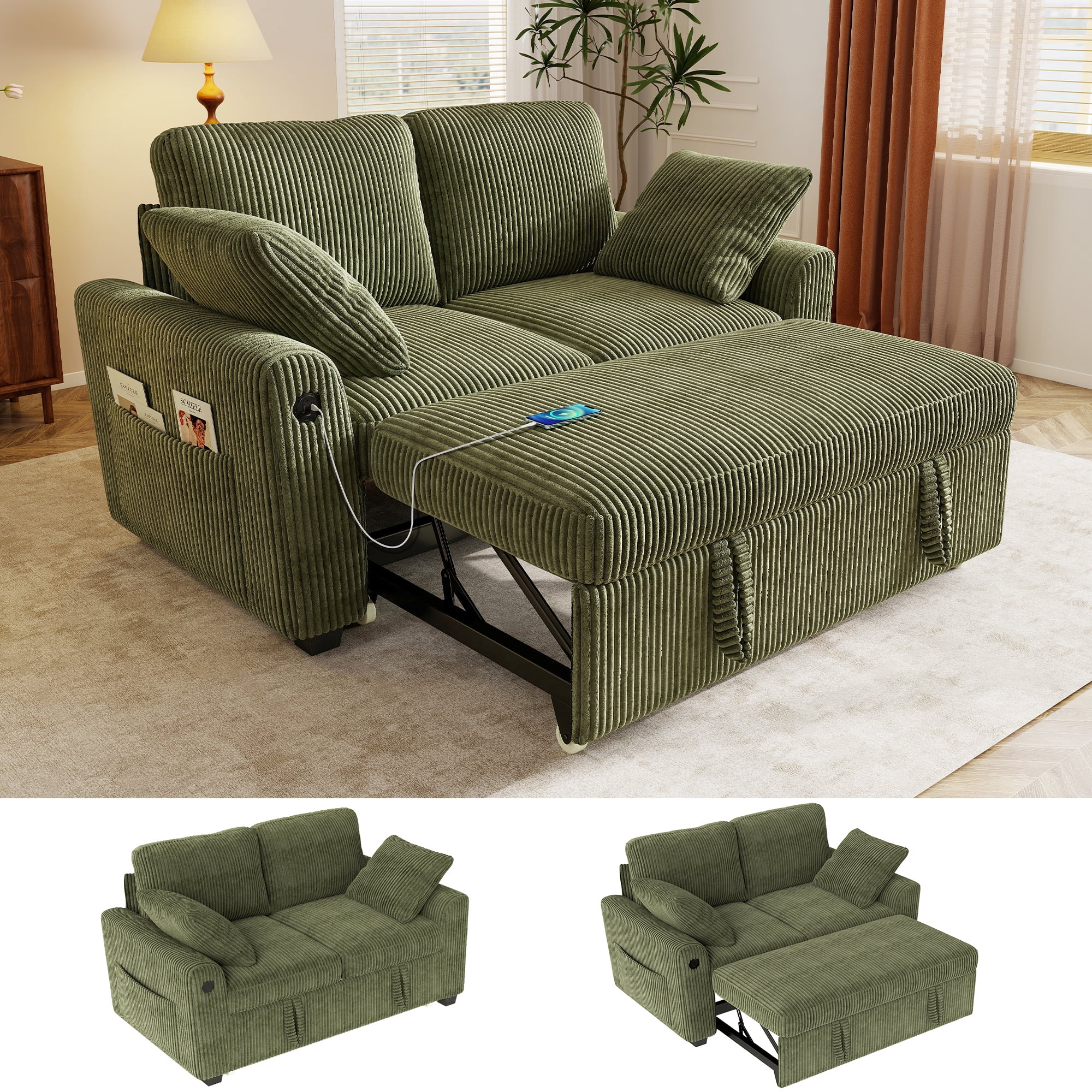 BedLuxury 59" Loveseat With Pull Out Bed, Sleeper Sofa Bed With USB Charging & Side Storage for Small Spaces, Corduroy Green