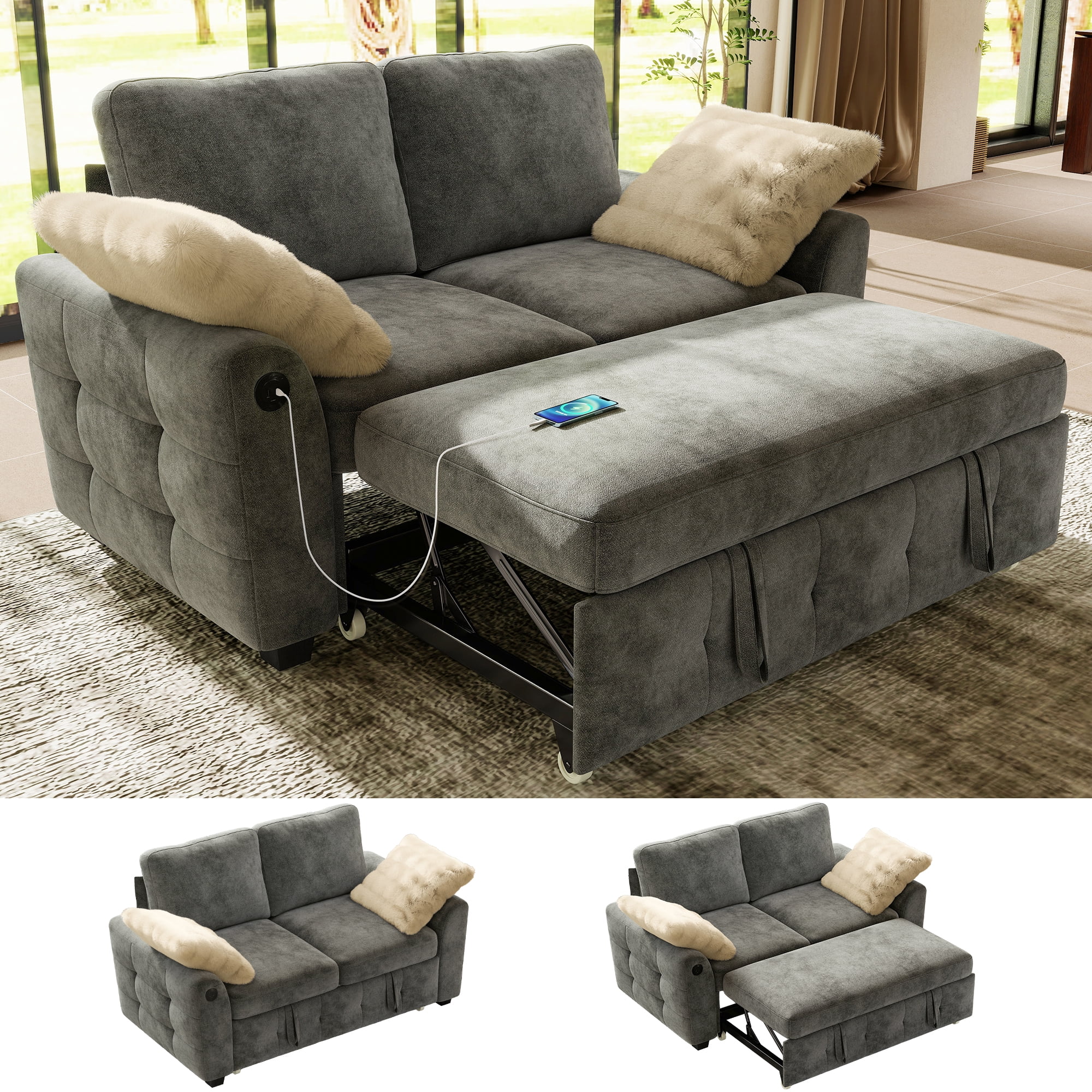 BedLuxury 59" Sleeper Loveseat With Pull Out Bed, Corduroy Sofa Bed With USB Charging for Small Spaces, Chenille Gray