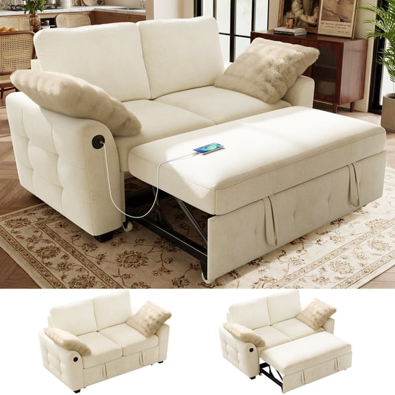 BedLuxury 59" Sleeper Loveseat With USB Charging & Pull Out Bed, Sofa and Couch for Small Spaces, Chenille Beige