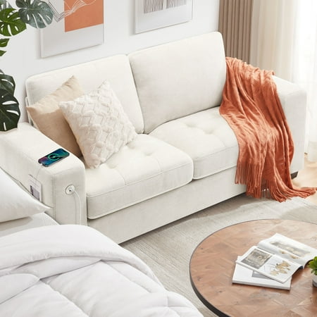 BedLuxury 70" Loveseat, 2-Seats Sofa with USB/Type-C Charging, Storage Pocket & Wide Armrest, Removable Cover, Living Room, Chenille Beige