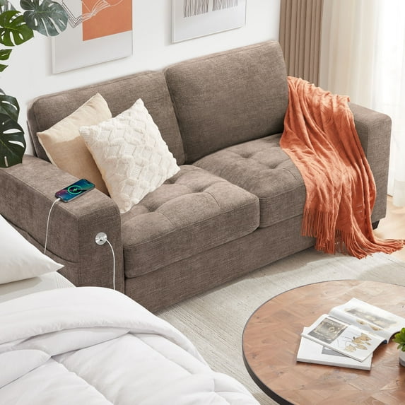 BedLuxury 70” Loveseat Sofa,Comfy Modern 2-Seats Sofa for Small Spaces and Living Room, Removable Cover, Wide Armrest,USB/Type-C Port, Brown