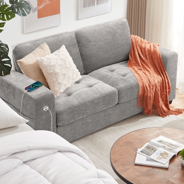BedLuxury 70" Loveseat, 2-Seats Sofa with USB/Type-C Charging, Storage Pocket & Wide Armrest, Removable Cover, Living Room, Chenille Gray