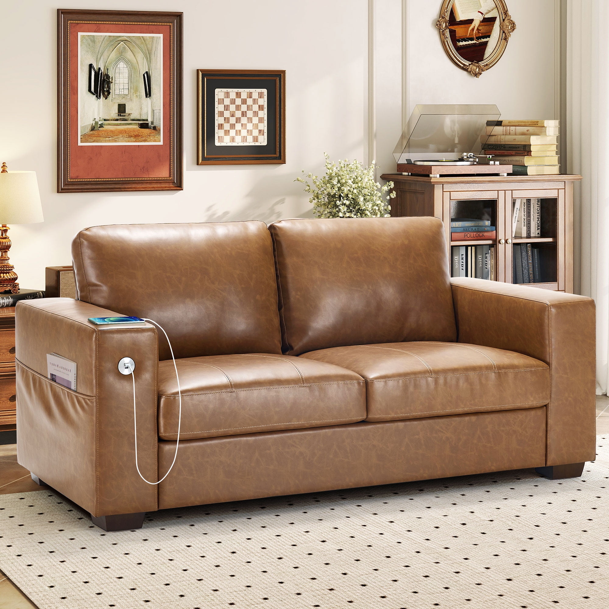 BedLuxury 70” PU Leather Loveseat Sofa,Comfy Modern 2-Seats Sofa for Small Space and Living Room, Removable Cover, Wide Armrest,USB/Type-C Port, Brown