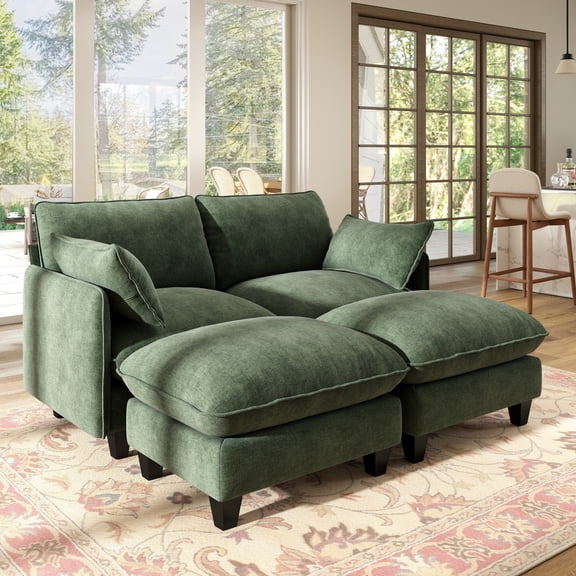 BedLuxury 71'' Loveseat Sofa with Movable Ottoman, Cozy Deep Seat Cloud Couch for Living Room,Apartment,Office, 2-Seat,Green