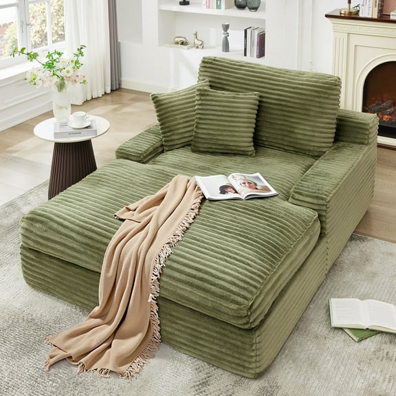 BedLuxury 73''x55'' Oversized Chaise Lounge Chair, Cloud Faux Fur Upholstered Sofa Bed Cozy Sleeper Couch for Living Room, No Assembly Required, Green