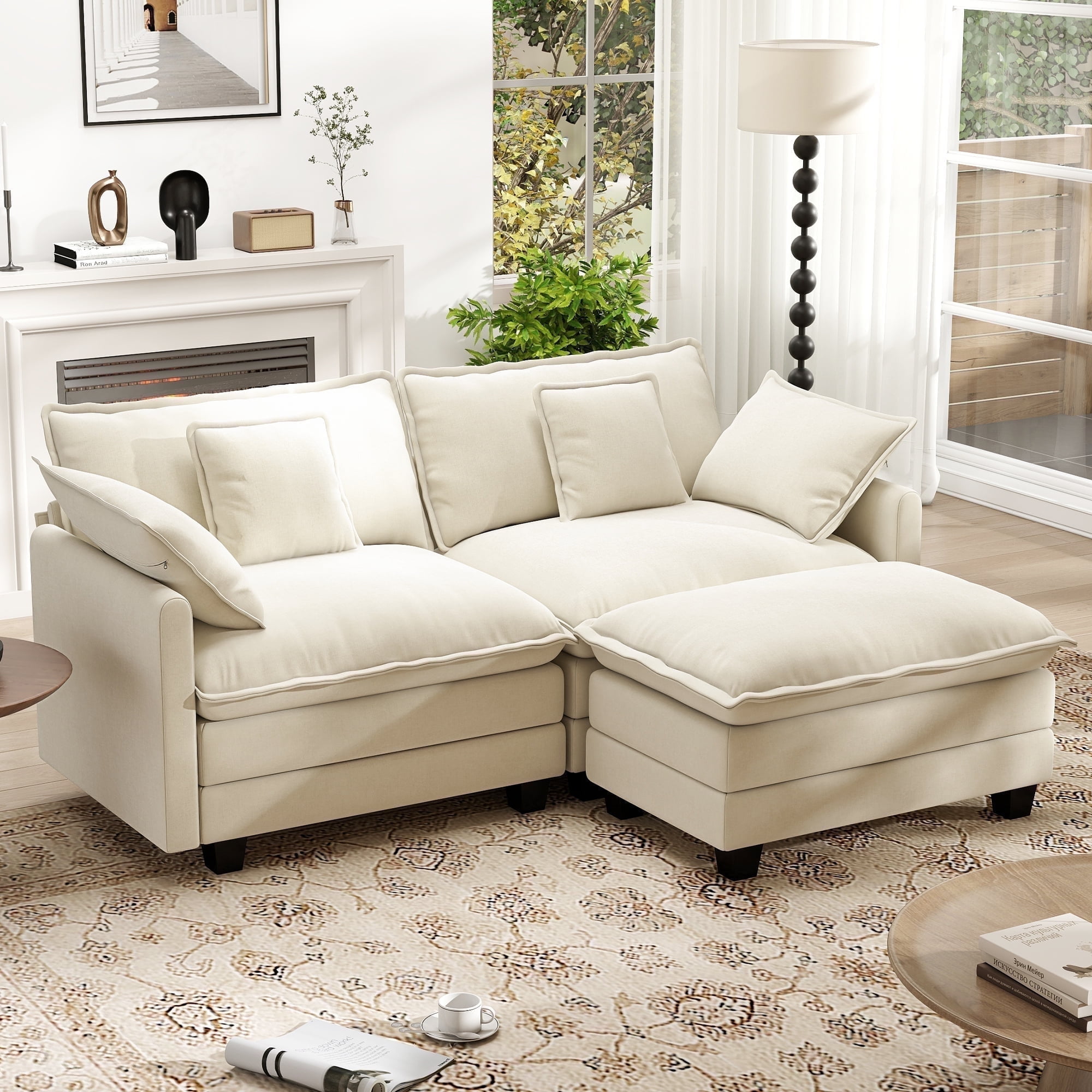 BedLuxury 76.7'' Loveseat Sofa with Ottoman for Living Room, Modern Chenille Comfy L Shaped Couch, 2-Seat, Beige