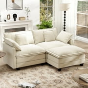 BedLuxury 76.7 Loveseat Sofa with Ottoman for Living Room, Modern Chenille Comfy L Shaped Couch, 2-Seat, Beige