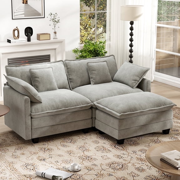BedLuxury 76.7'' Loveseat Sofa with Ottoman for Living Room, Modern Chenille Comfy L Shaped Couch, 2-Seat, Grey