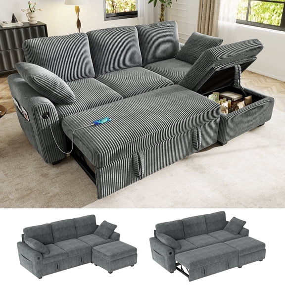 BedLuxury 81" Sectional Sleeper Sofa With Pull Out Bed, Storage Ottoman & USB Charging, L Shape Modern Couch for Living Room, Corduroy Gray