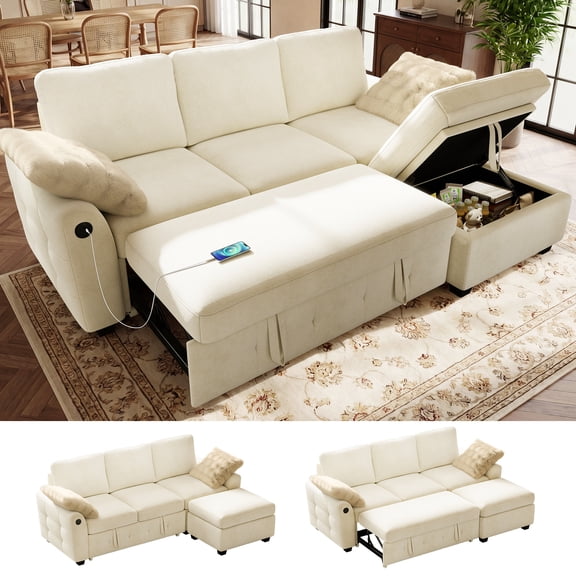 BedLuxury 81" Sectional Sleeper Sofa With Pull Out Bed, USB Charging & Storage Ottoman, L Shape Couch for Living Room, Chenille Beige