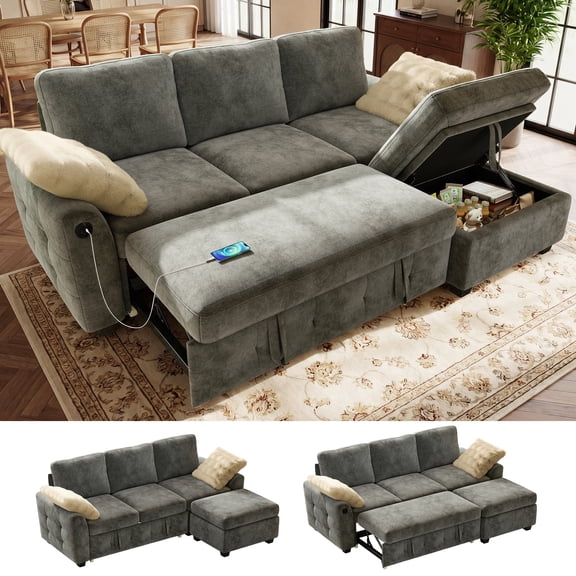 BedLuxury 81" Sectional Sleeper Sofa With Pull Out Bed, USB Charging & Storage Ottoman, L Shape Couch for Living Room, Chenille Gray