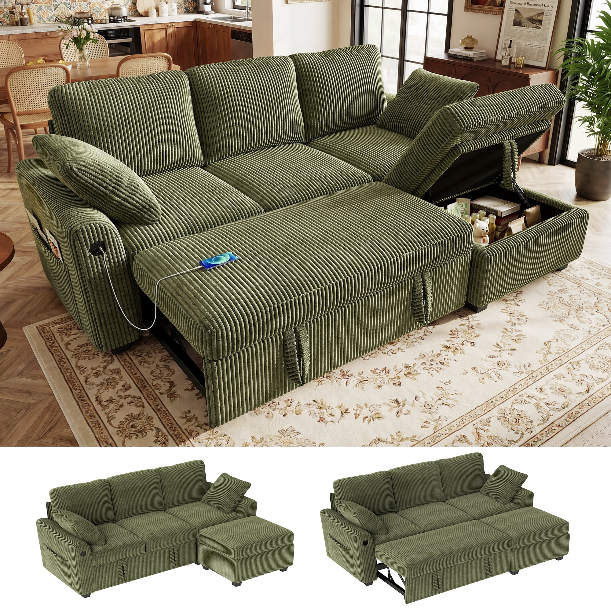 BedLuxury 81" Sectional Sleeper Sofa With Pull Out Bed, USB Charging ...