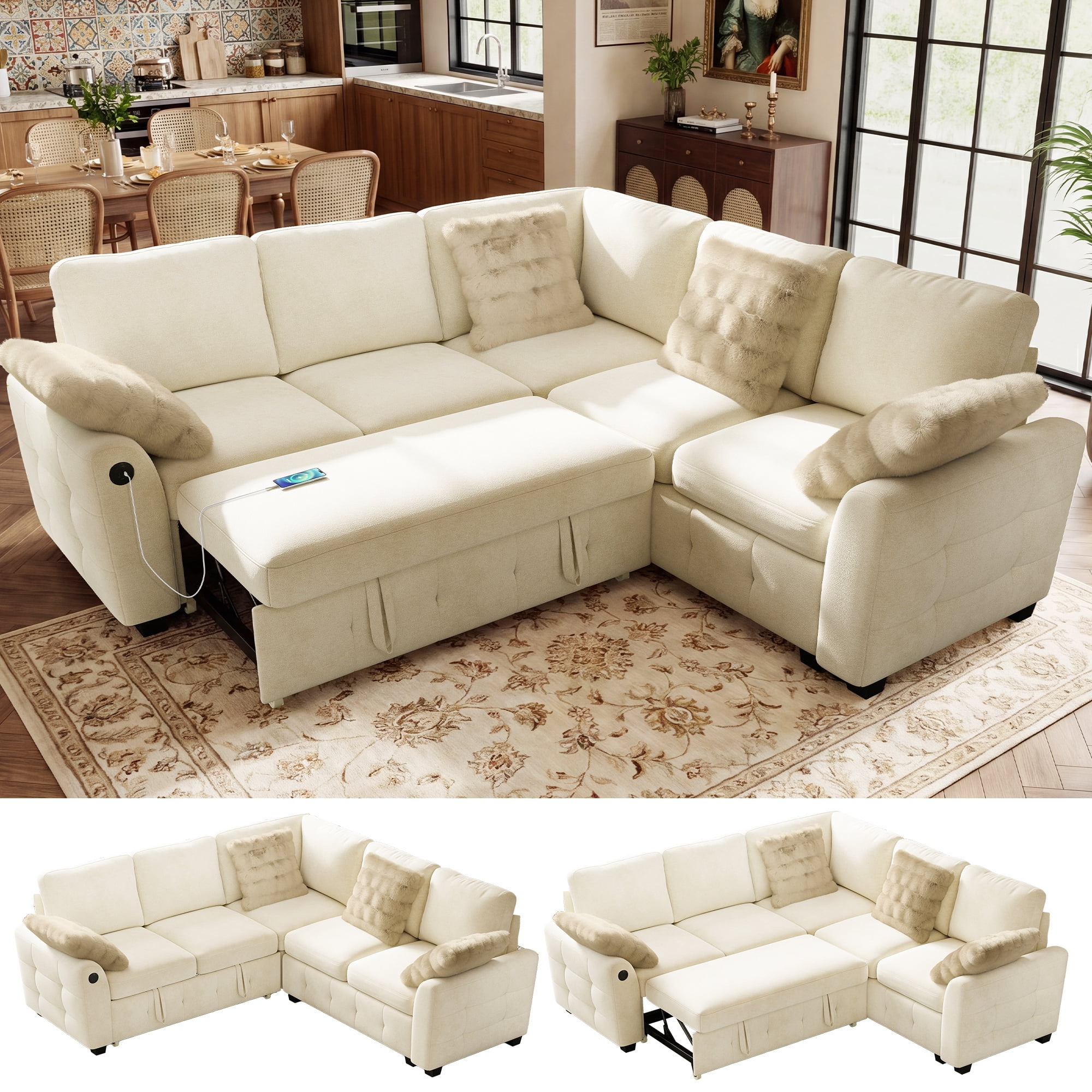 BedLuxury 83" Modular Sectional Sleeper Sofa With Pull Out Bed, USB ...