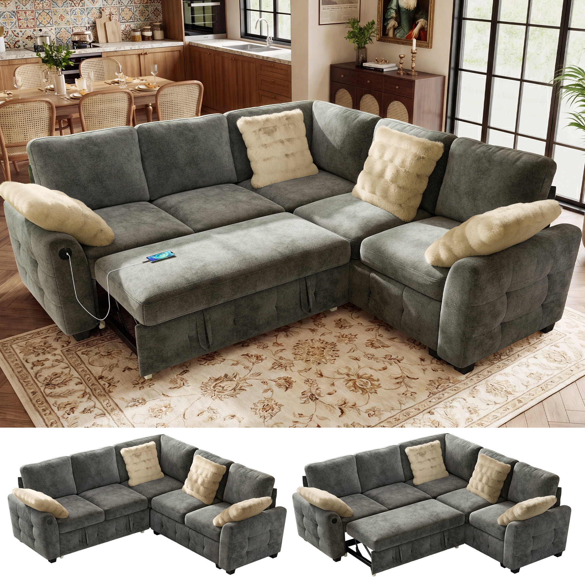 BedLuxury 83" Modular Sectional Sleeper Sofa With Pull Out Bed, USB ...