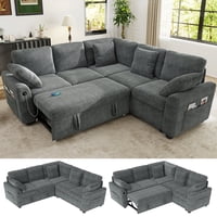 BedLuxury 83 Inch L-Shape Sectional Sleeper Sofa With Pull Out Bed, Storage Seat & USB Charging (5 Seat Sleeper, Corduroy Gray)