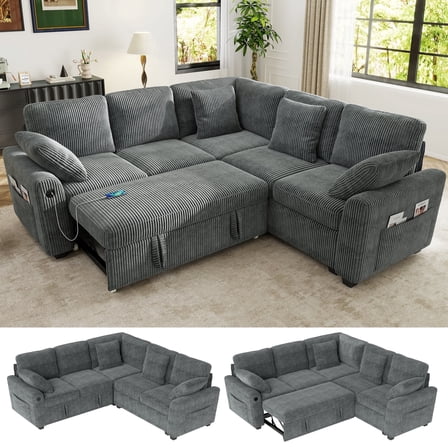 BedLuxury 83" Sectional Sleeper Sofa With Pull Out Bed, Storage Seat & USB Charging, L Shape Modern Couch for Living Room, Corduroy Gray
