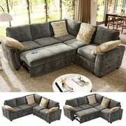BedLuxury 83" Sectional Sleeper Sofa With Pull Out Bed, Storage Seat & USB Charging, L Shape Modern Couch for Living Room, Chenille Gray