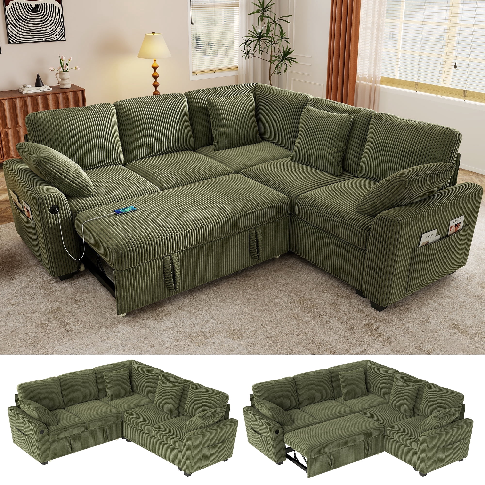 BedLuxury 83 Sectional Sleeper Sofa with Pull Out Bed L Shaped Couch with Storage Seat for Living Room Gray
