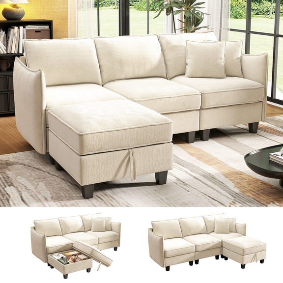 BedLuxury 84” Modular Sectional Sofa with Moveable Storage Ottoman, Cloud Couch Seats 4, Modern Living Room Furniture, Chenille Beige