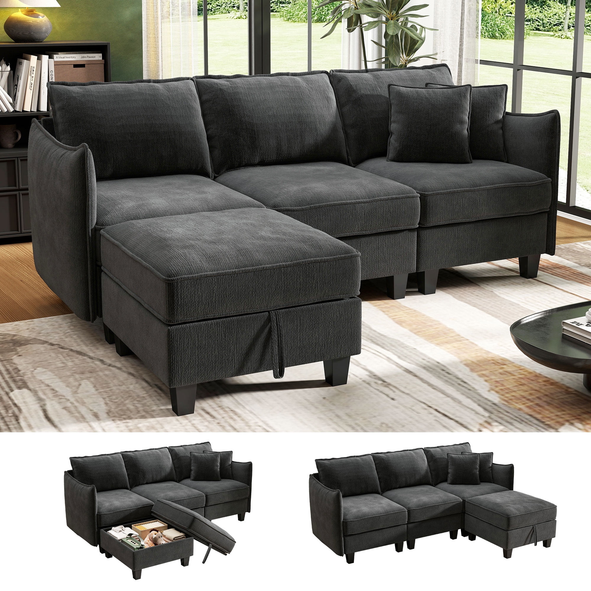 BedLuxury 84” Modular Sectional Sofa with Moveable Storage Ottoman, Cloud Couch Seats 4, Modern Living Room Furniture, Chenille Black