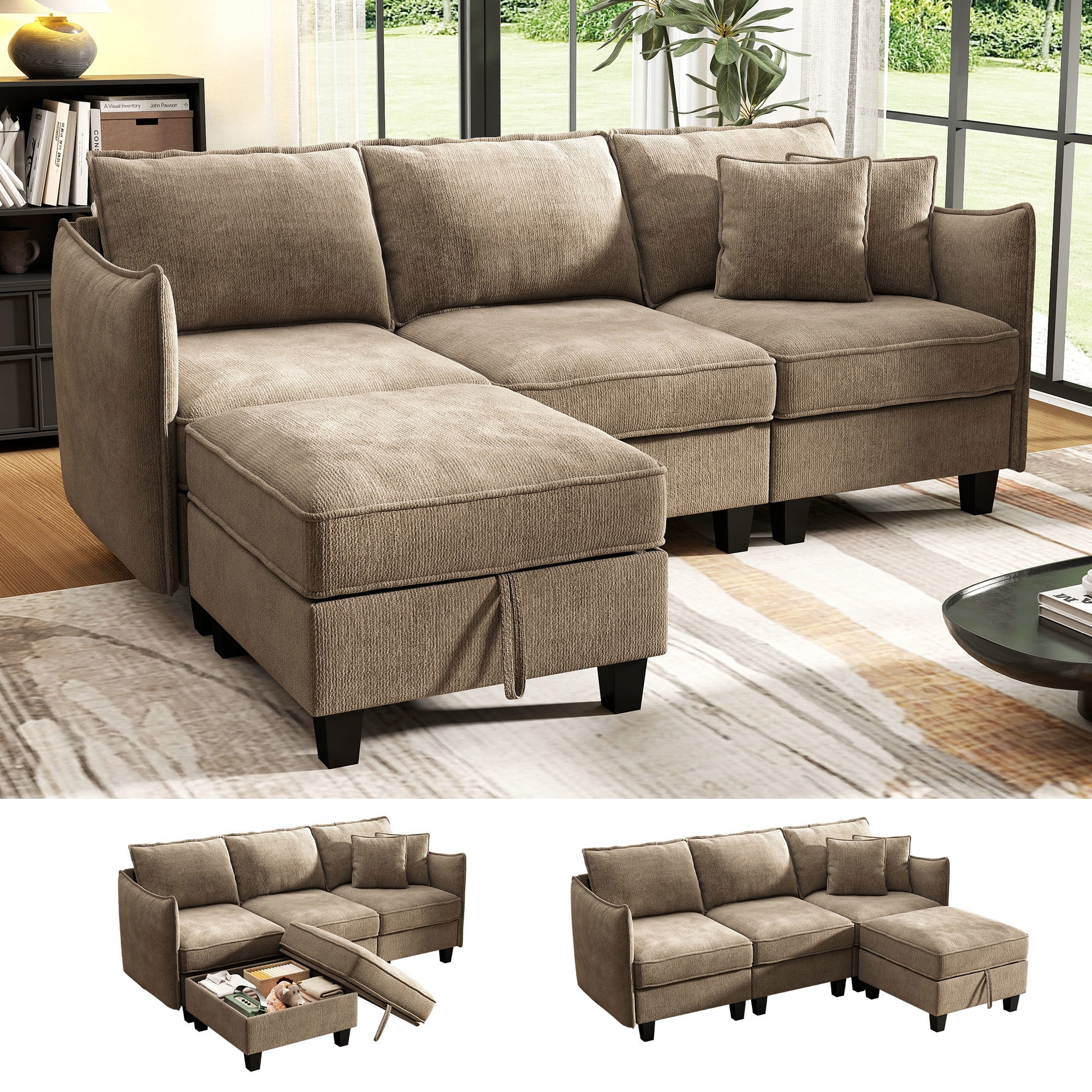 BedLuxury 84” Modular Sectional Sofa with Moveable Storage Ottoman, Cloud Couch Seats 4, Modern Living Room Furniture, Chenille Brown