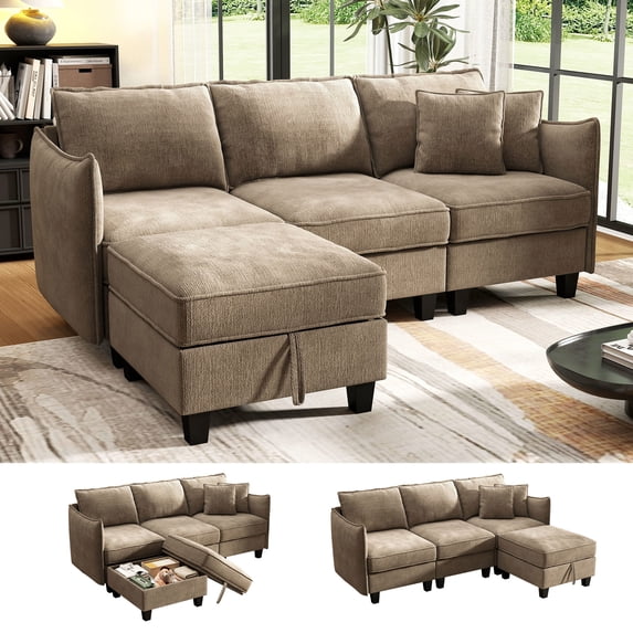 BedLuxury 84 in Modular Sectional Sofa with Moveable Storage Ottoman, Cloud Couch, Chenille Brown