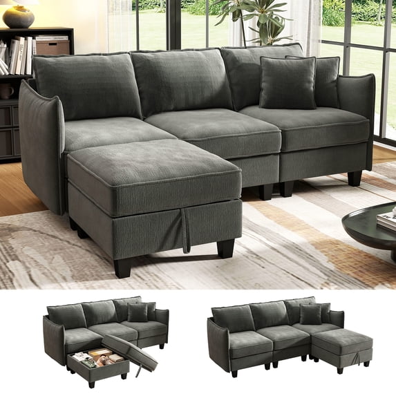 BedLuxury 84” Modular Sectional Sofa with Moveable Storage Ottoman, Cloud Couch Seats 4, Modern Living Room Furniture, Chenille Gray