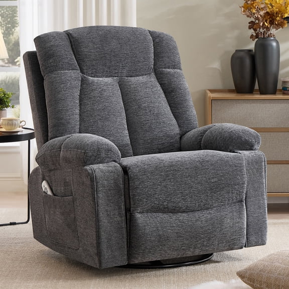 BedLuxury Manual Recliner Chair with Massage and Heat, Chenille Recliner Sofa - 35" Wide with Storage Pockets for Living Room, Gray