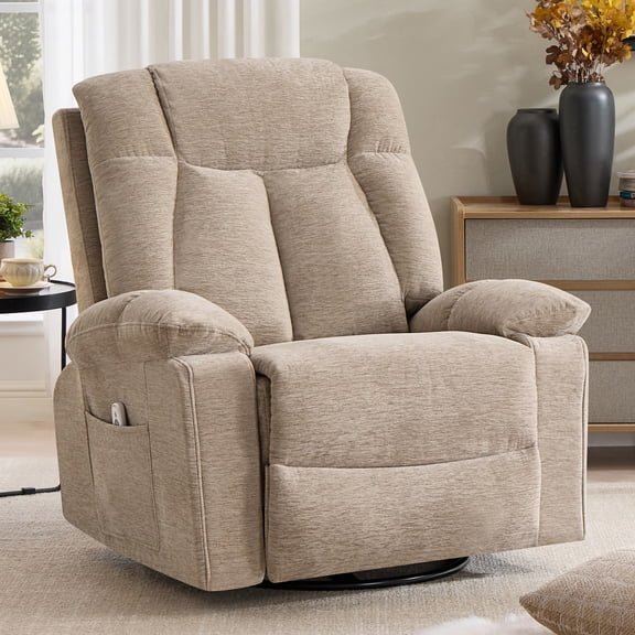 BedLuxury Manual Swivel Recliner Chair with Massage and Heat, Chenille Recliner Sofa - 35" Wide with Storage Pockets for Living Room, Sand