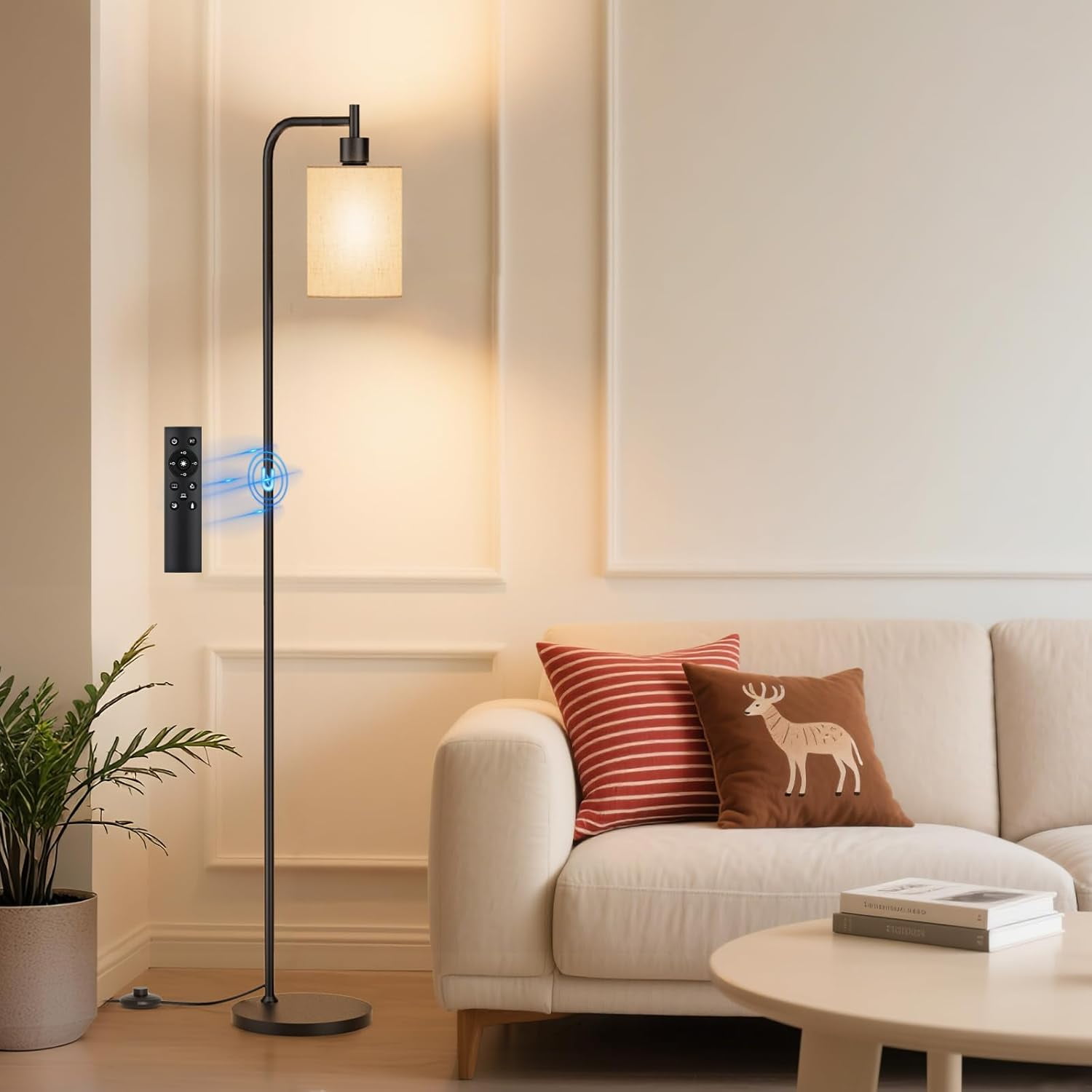 BedLuxury Dimmable Arc Floor Lamp with Remote Control for Living Room, Bedroom, 9W LED Bulb Included, Linen Shade, Beige