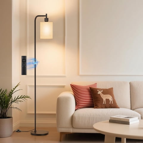 BedLuxury Dimmable Arc Floor Lamp with Remote Control for Living Room, Bedroom, 9W LED Bulb Included, Linen Shade, Beige