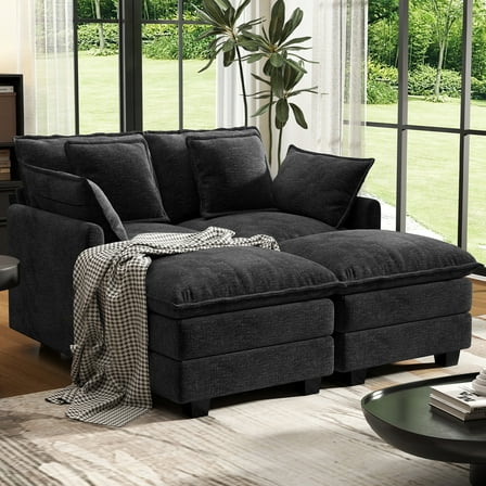 BedLuxury Modular Sectional Sofa, Loveseat Sofa with Movable Ottomans, Sleeper Comfy Deep Seat Cloud Couch for Living Room, Black