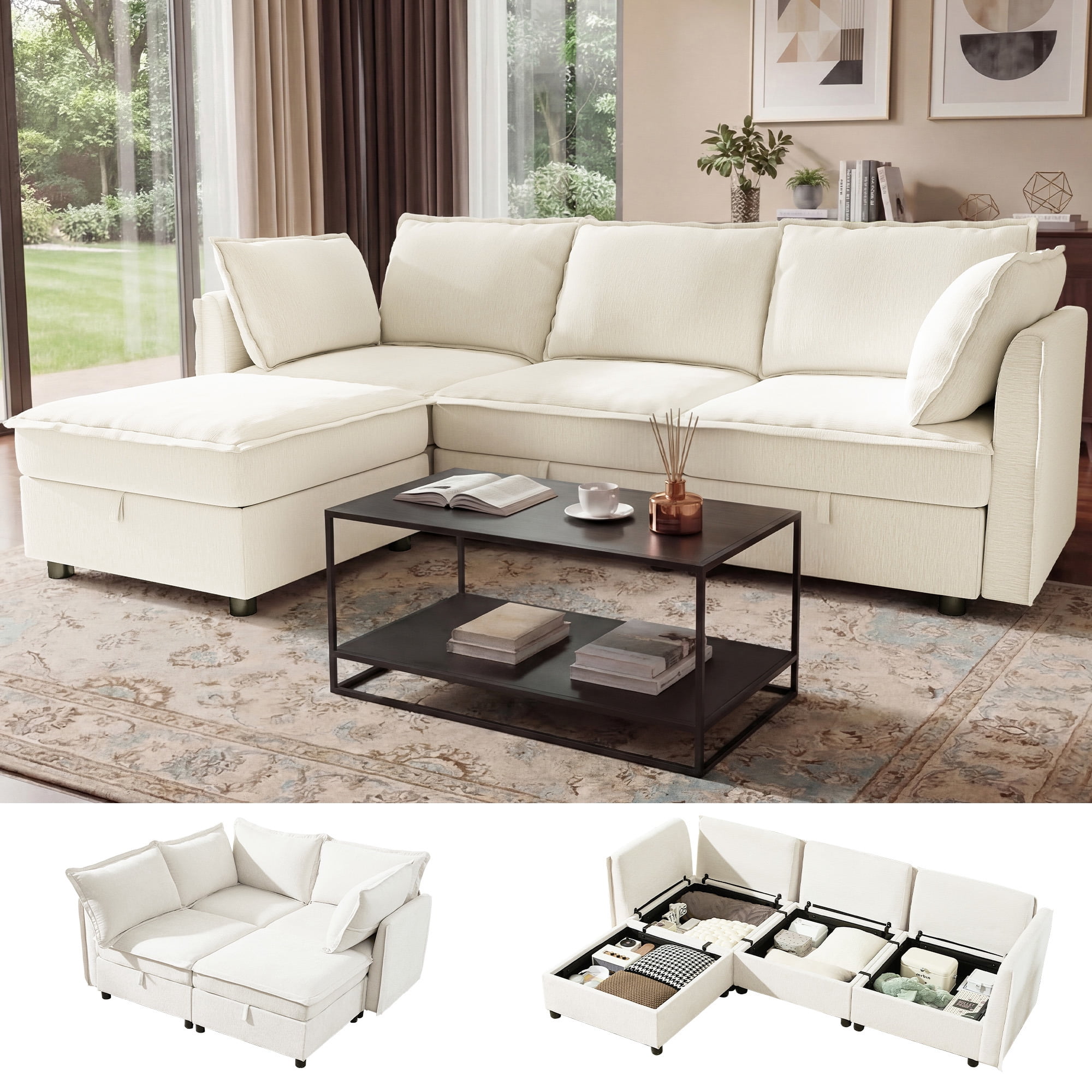 BedLuxury 97" Modular Sectional Sofa with Storage, L-Shaped Modern Sofa Couch with Movable Ottoman for Living Room, Office, Beige
