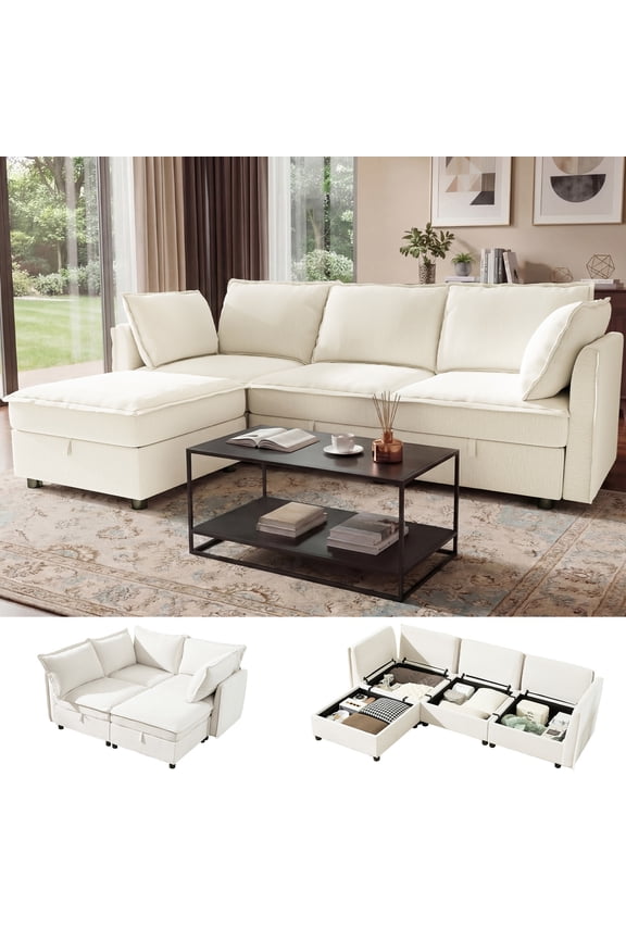 97" Modular Sectional Sofa with Storage, L-Shaped Modern Sofa Couch with Movable Ottoman for Living Room, Office, Beige