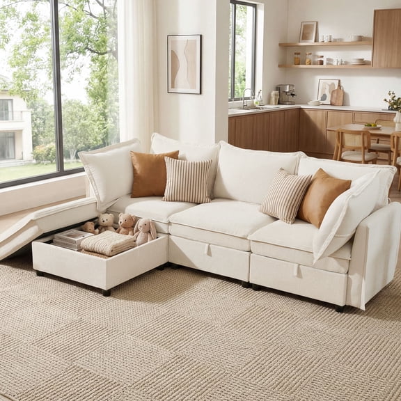 BedLuxury Modular Sectional Sofa with Storage, L-Shaped Modern Sofa Couch with Movable Ottoman for Living room, Office, Beige