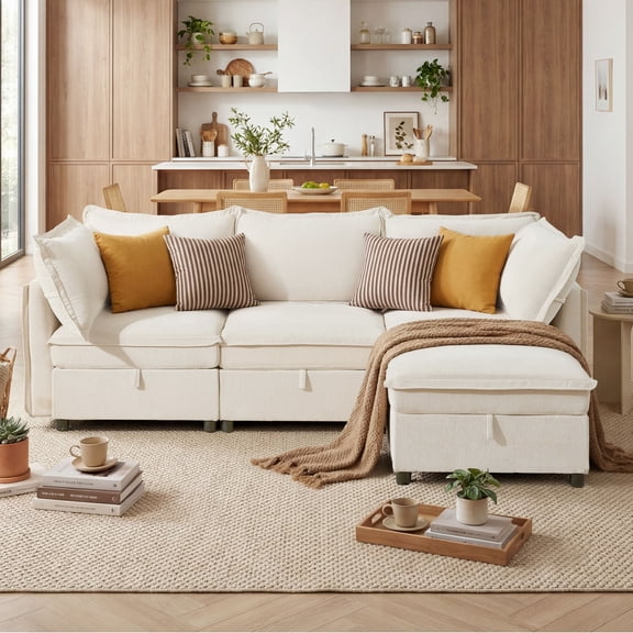 BedLuxury Modular Sectional Sofa with Storage, L-Shaped Modern Sofa Couch with Movable Ottoman for Living room, Office, Beige